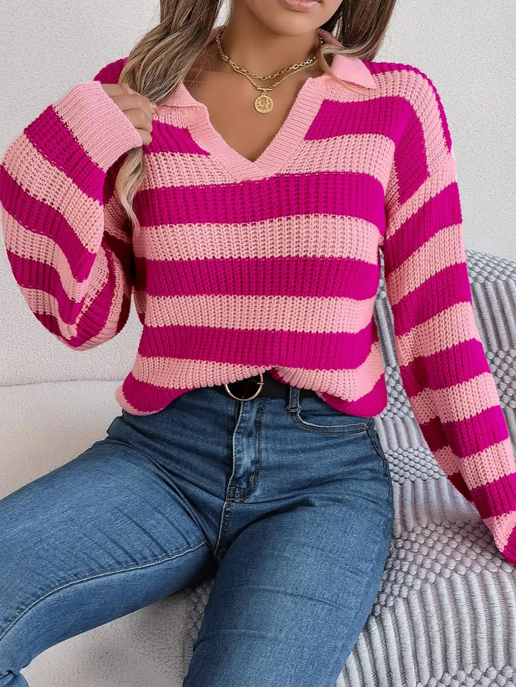 

Autumn/Winter Casual Lapel Contrast Stripe Long Sleeve Knit Pullover Sweater Women Loose Knitted Tops Womens Clothing