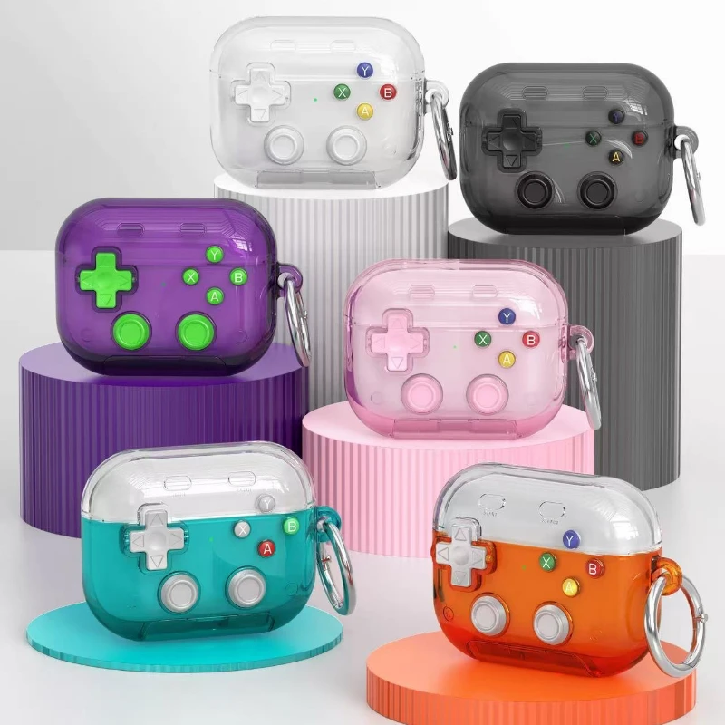 Retro Game Console Design Transparent Earbuds Case with Holder & Stress Relief Button