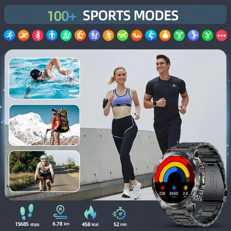 LIGE T-REX3 1000mAh Large Battery Durable Adult Smart Watch GPS Strong Flashlight 10ATM Waterproof BT Call Sports Smartwatch Men