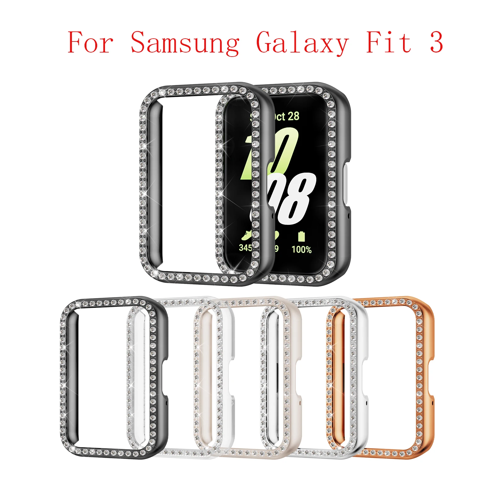PC Diamond Inlaid Case Watch Half Cover Case Dustproof Smartwatch Protective Shell Anti-Scratch for Samsung Galaxy Fit 3.