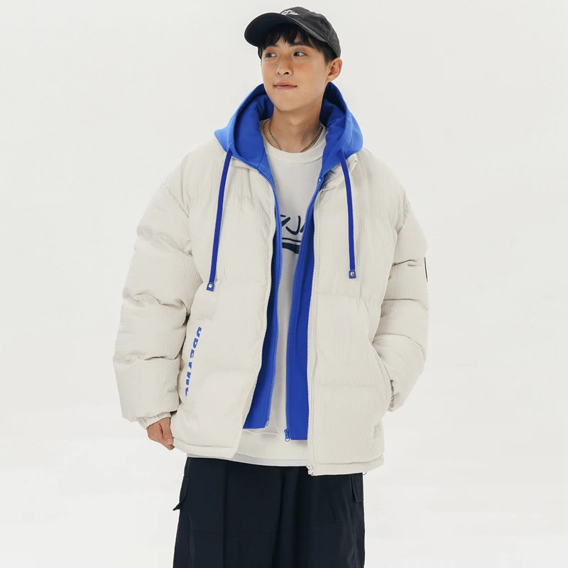 High Street Men's Jacket Winter Fake Two-Piece Hooded Coat Cotton-Padded Jacket Thick Warm Vintage Fashion Youth Oversize Parkas