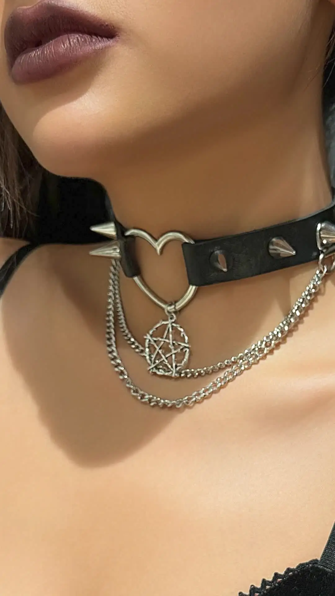 thumbnail image 2 of TISDA Gothic Rivet Leather Choker - Spiked Heart Necklace Collar, Punk Vintage Style 2 of 14