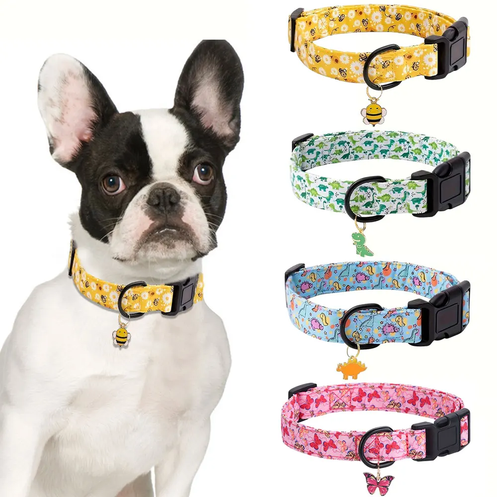 Pet Dog Collar Bee and Dinosaur Printing with Metal Pendant for Dogs Puppy cats dog collar pet collar