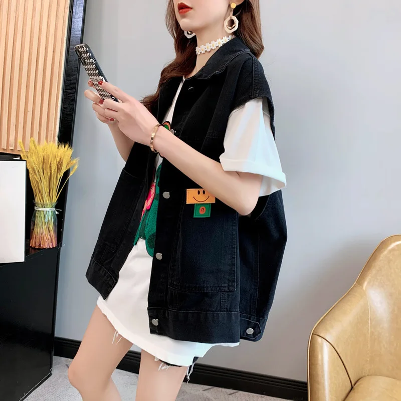 여성용 데님 조끼, 용수철 루즈한 여성 민소매 조끼, 라지 사이즈 조끼 재킷, 여성 외투, 패션 스트리트웨어, 가을 