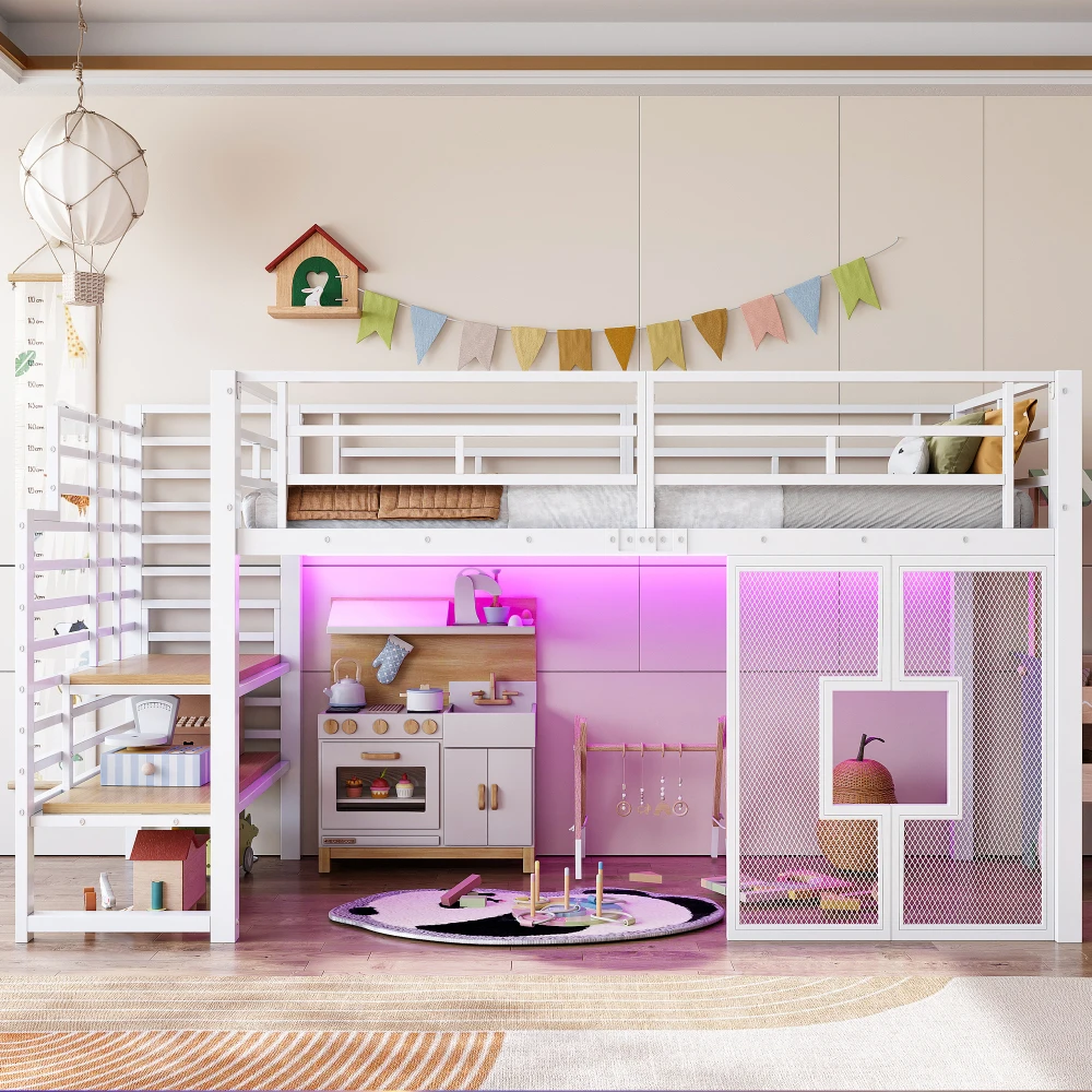 90x200cm Metall-Hochbettgestell mit Treppe, Stauraum, Babybett mit LED-Beleuchtung und Fenstern, Kinder-Etagenbett, Schwarz/Weiß – Detail 22