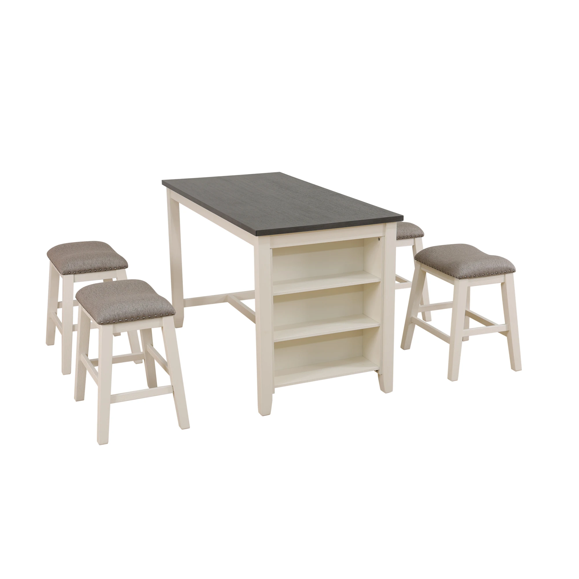 Modern Farmhouse 60" Oak Table Set – 4 Upholstered Chairs with Copper Nail Detail 5