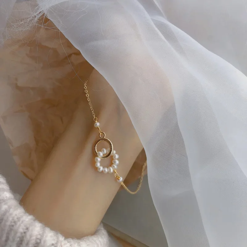 

Freshwater Pearl Adjustable Chokers Necklaces Double Ring Interlocking Concentric Knot Link Chain Pendant Necklace Elegant