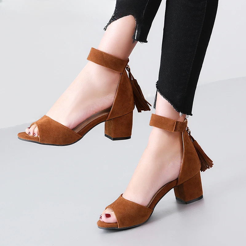 High Sandals Female Pump New Fashion Buckle Strap Soft Synthetic Leather Thick Heel Solid Party Women Pumps Sandals