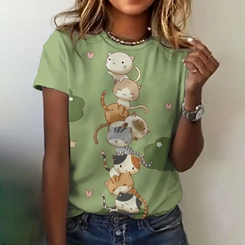 Women's Clothing Cute T-shirt Summer Crewneck Short Sleeve Cat Pattern Top Loose Casual Comfortable Clothing Women's T-shirt 1