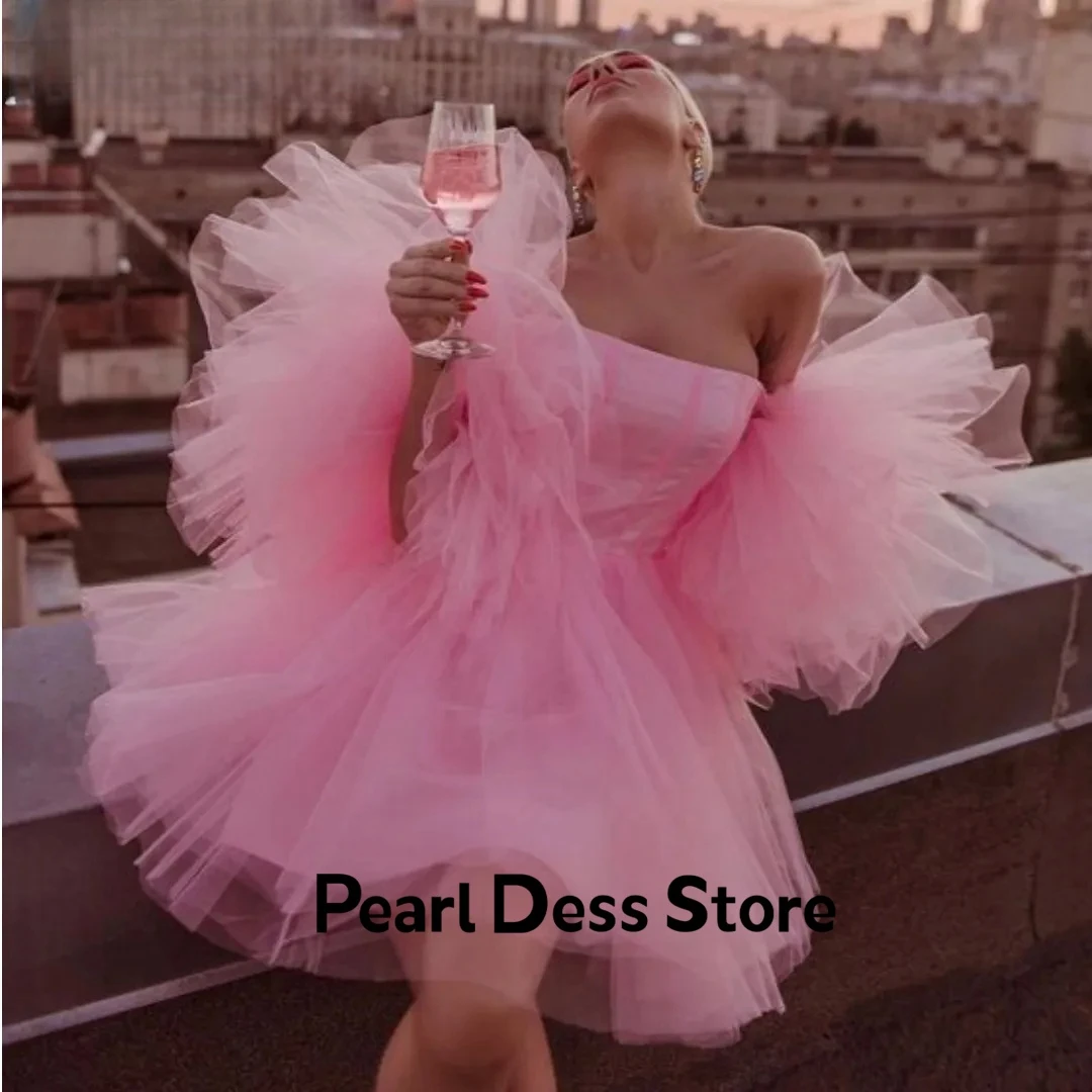 

Pink Princess Short Prom Dress Vestidos De Noche Bubble Sleeve Fluffy Tulle Evening Dress Cute Girl Party Dress