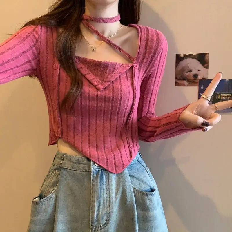 

Autumn Elegant Knitted Sweater Women Long Sleeve Y2k Crop Tops Korean Style Short Pullover Pure Color Fashion Blouse Design 2023