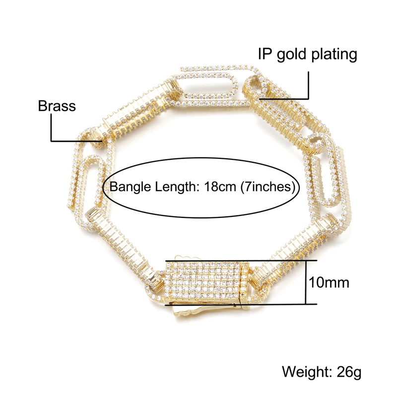 10mm AAA+ Paper Clip Bracelet Hiphop CZ Cuban Link Bracelets Design Gold Silver Color Jewelry Gifts for Women