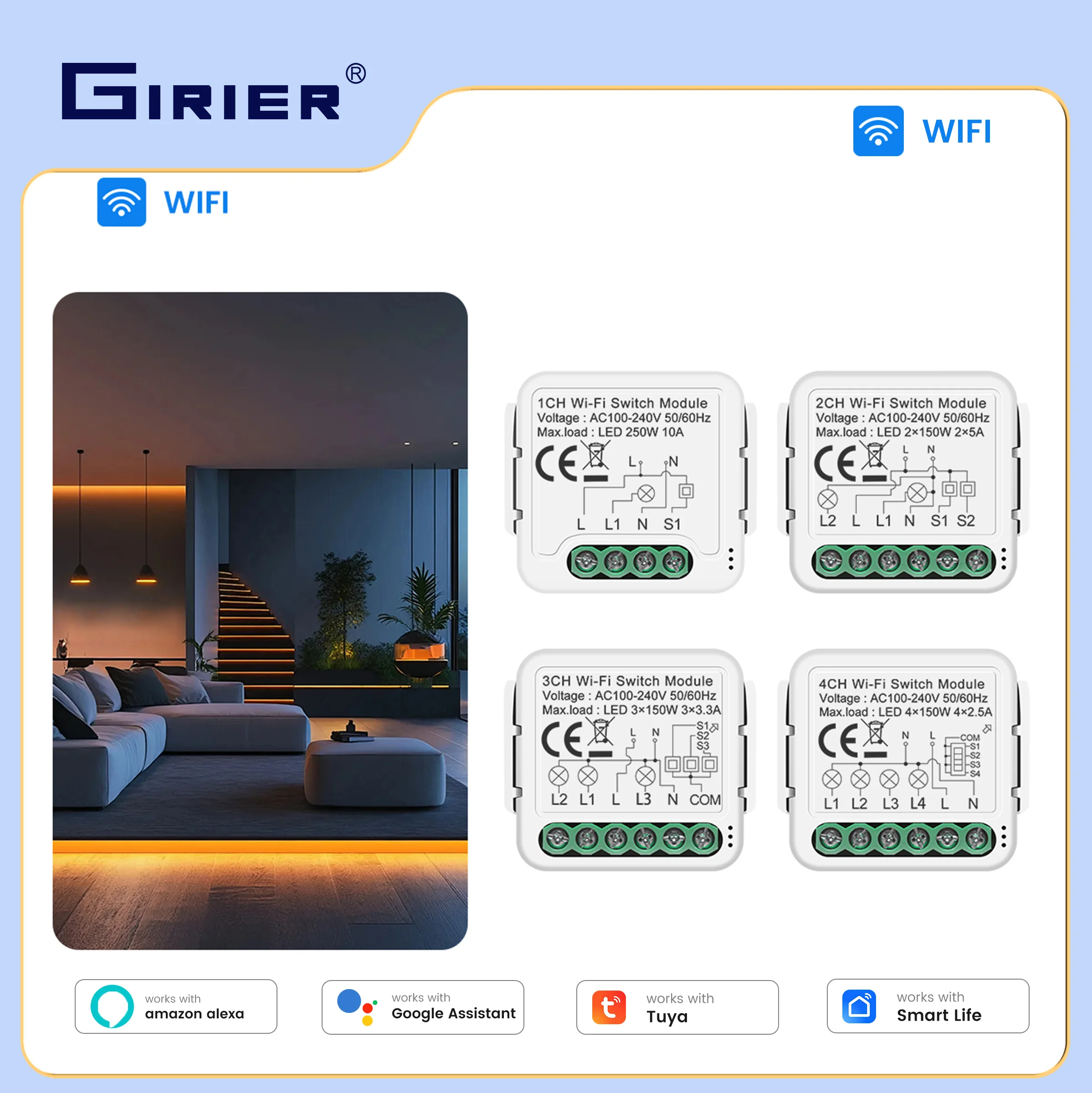 GIRIER Tuya 스마트 스위치 모듈 10A WiFi 차단기 릴레이 1/2/3/4CH 중성선 필요 2방향 제어 지원 Alexa와 호환 가능