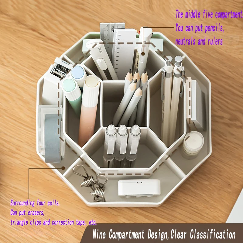 Pen Holder 9-Grid Desk Pencil Storage Box Stationery Organizer 360&deg;Rotatable Large Capacity,pen holder,pen and brush holder,desk organizer,desk storage rack