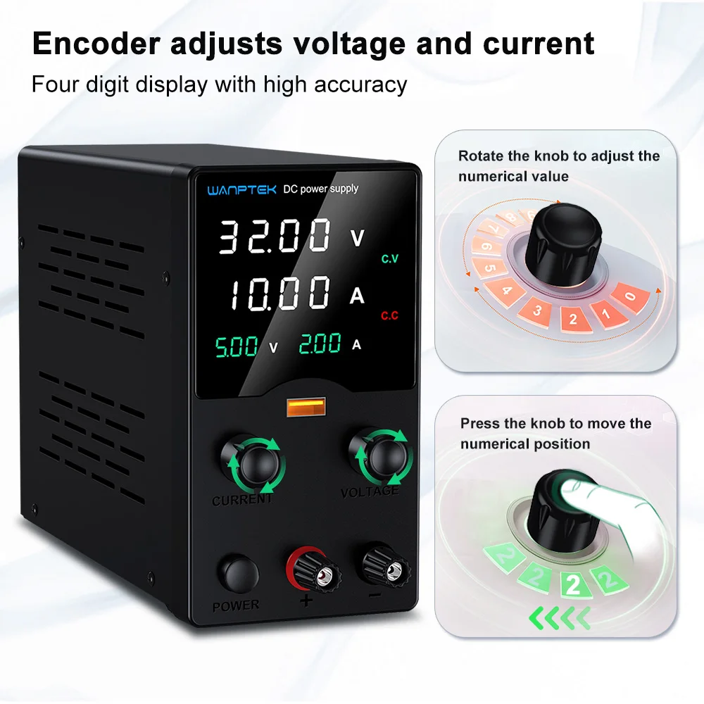 30 V 10 A einstellbares Gleichstromnetzteil mit USB-Schnellladeanzeige, Labornetzteil mit Encoder-Einstellung für die Reparatur von Mobiltelefonen – Detail 3