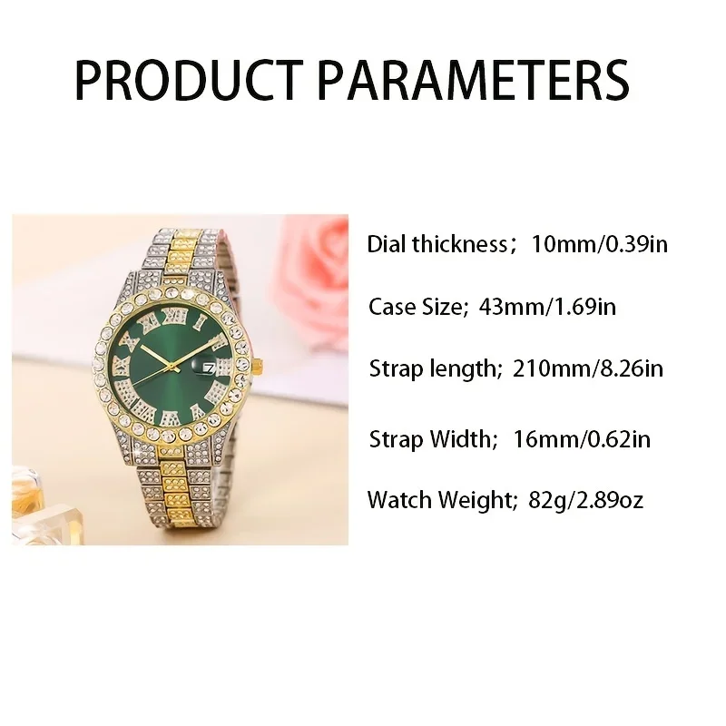 2pcs/set 1pc Men's Large Dial Artificial Rhinestone Watch Iced-Out Wrist Watch + 1pc Twist Chain Bracelet