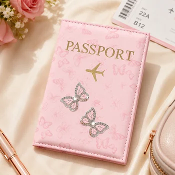 Porta Passaporto in Pelle PU Rosa con Farfalla, Custodia da Viaggio con Strass e Scomparti per Carte per Donne, Regalo per Vacanze e Aeroporto