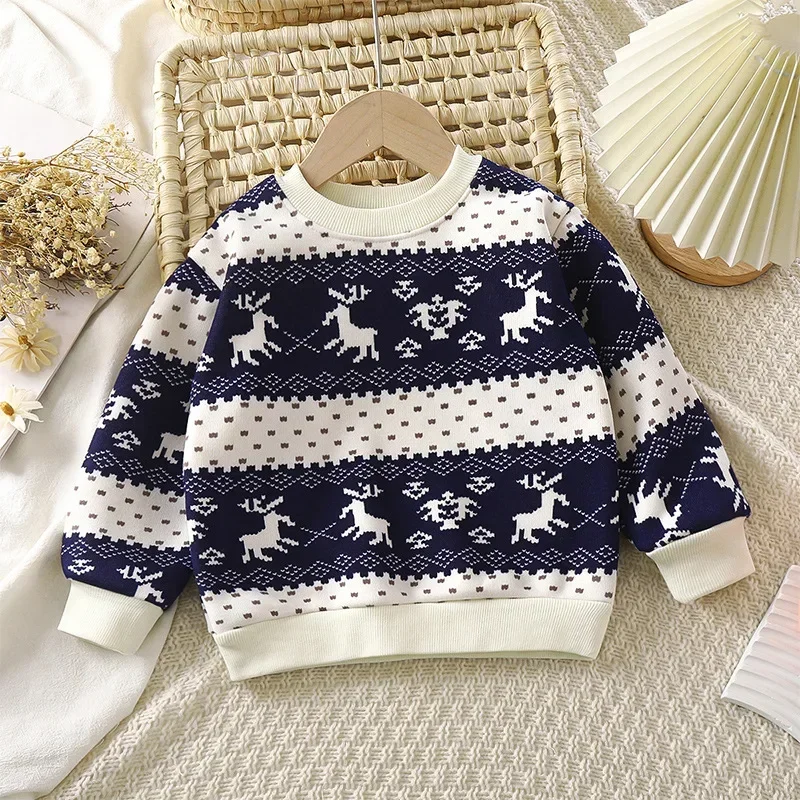 Autumn Winter Plush Velvet T-shirt for Kids Thicken Warm Printed Sweatshirts Casual Children Pullover Outwear