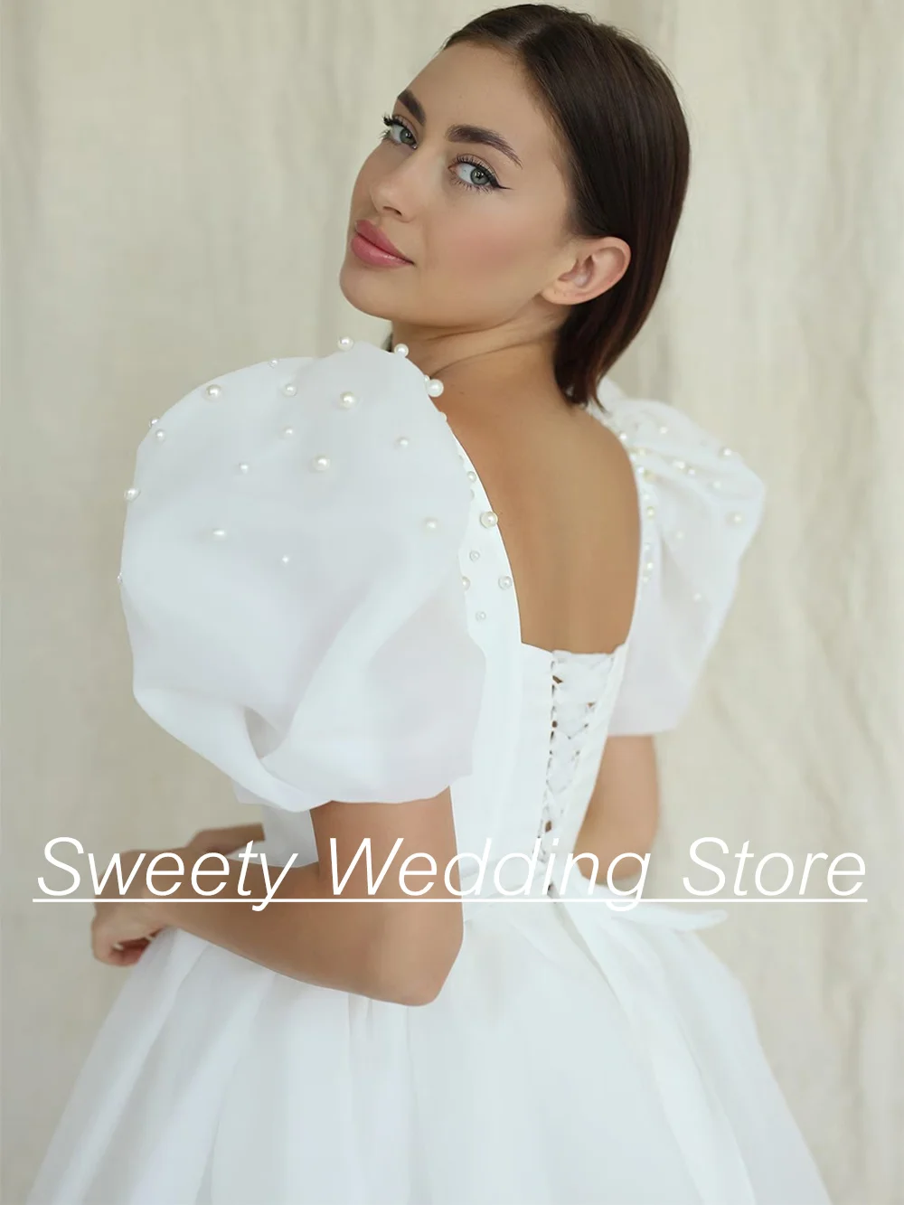 Short Princess Wedding Dress Puff Sleeve Square Neck Pearls Organza Bridal Gown Mini Civil Bride Dresses Lace-up Back