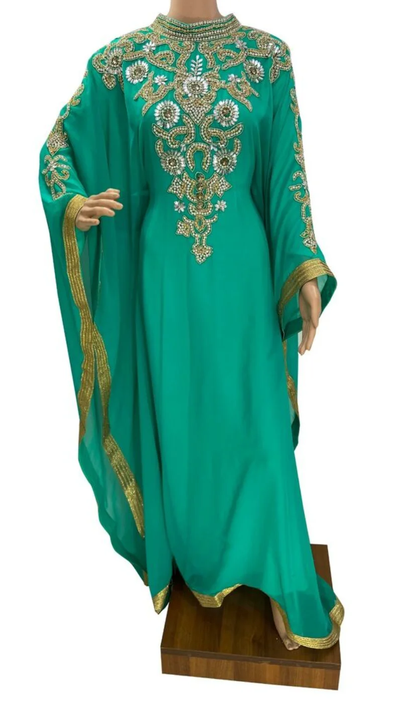 Dubai Sea Green Georgette Moroccan Dress Gown Farasha Exquisite Dress