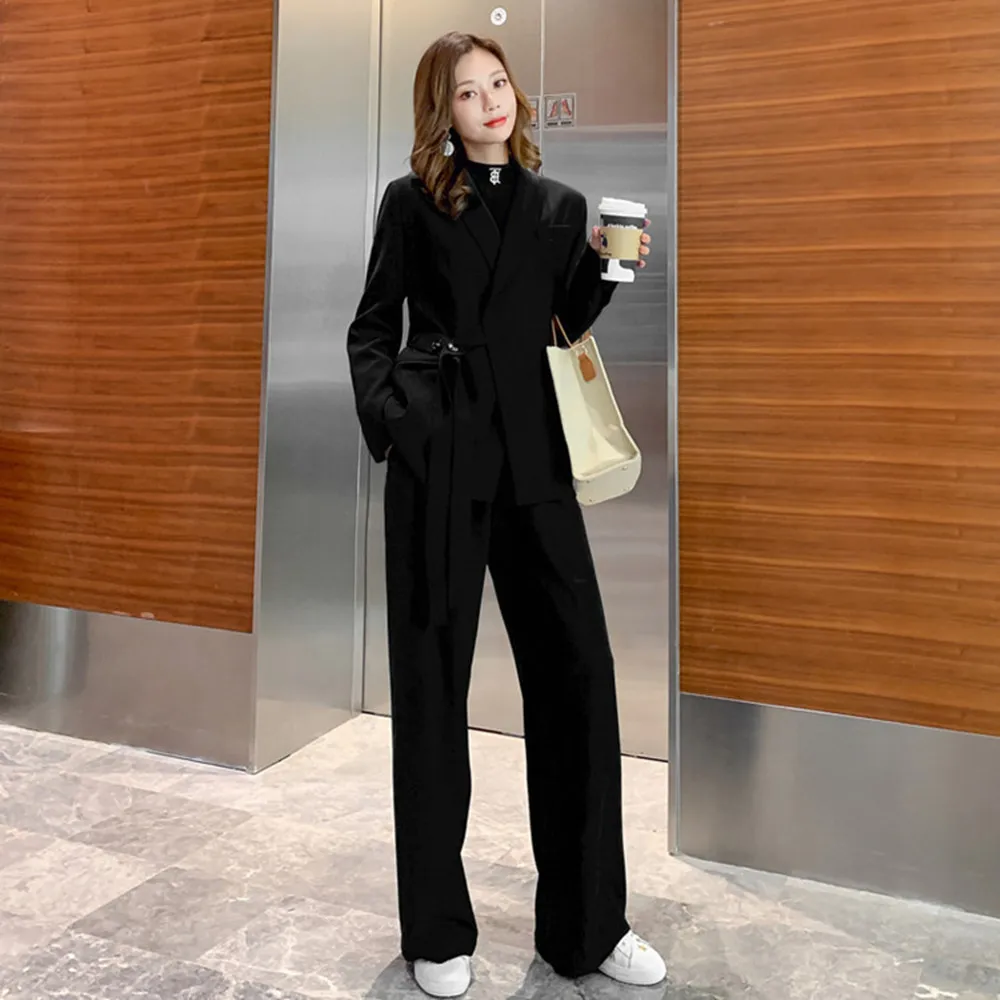 2024 Women V-neck With Belt Blazer Coat And Pants 2 Piece Set Spring Chic Long Sleeve Pockets Jacket Trousers Suits Solid Outfit
