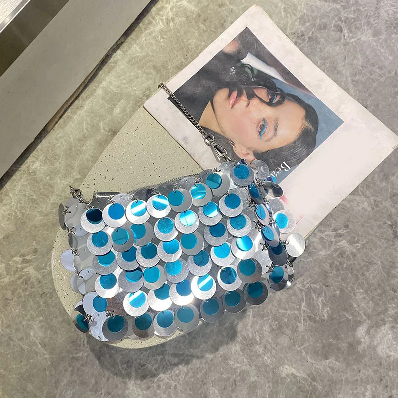 Luxury Women Bags Designer Silver Metal Sequins Chain Woven Bag Evening Bags Clutch Female Travel Holiday Shoulder Bag Handbag