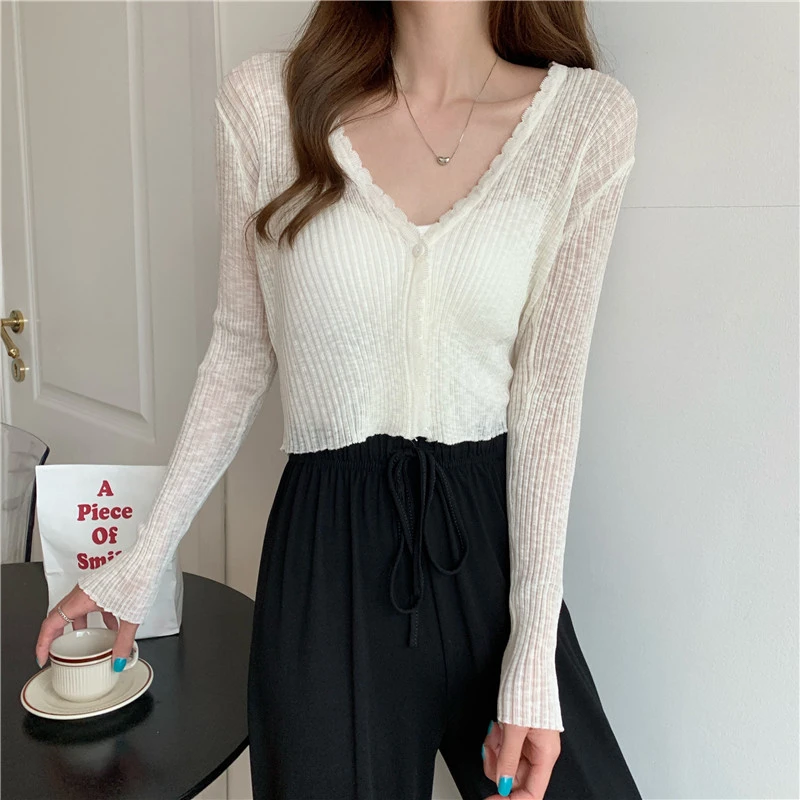 Sheer Ribbed Knit Cardigan with One Button Long Sleeve Crop Top Women Teen-girl Spring Summer 2026 Shrunken Cardigan 2