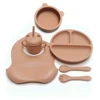 6pcs Children's Silicone Bowl with Compartment Tray and Bib Mug Children's Training Bowl, Fork and Spoon 6