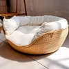 OUZEY Handmade Rattan Weaving Pet Cats Bed Comfortable Sleeping Breathable Cat Baskets Large Capacity Kitten Puppy Nesk Cushion 3