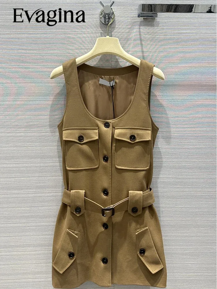 

Evagina Fashion Runway Summer Brown Color A-Line Dress Women's O-Neck Sleeveless Multi Pocket Belt Slim Short Dresses