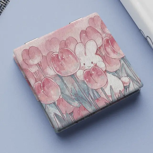 Miroir de maquillage pliant double face portable, miroir grossissant carré tulipe, miroir de poche compact, miroir de détermination de vanité, miroirs pour étudiants 2