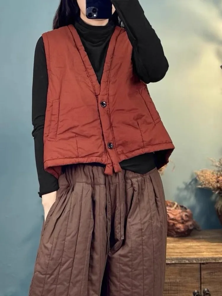 Women's V-ne Cotton Linen Vest ort Svel Jaet National Sle Button ket Pure Color Commute Winter Faion