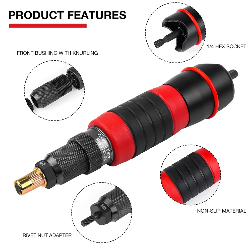 M3 M4 M5 M6 M8 M10 Electric Rivet Nut Adapter Cordless Home Rivet Gun Drill Bit Riveting Tools Tools Box 3-12mm