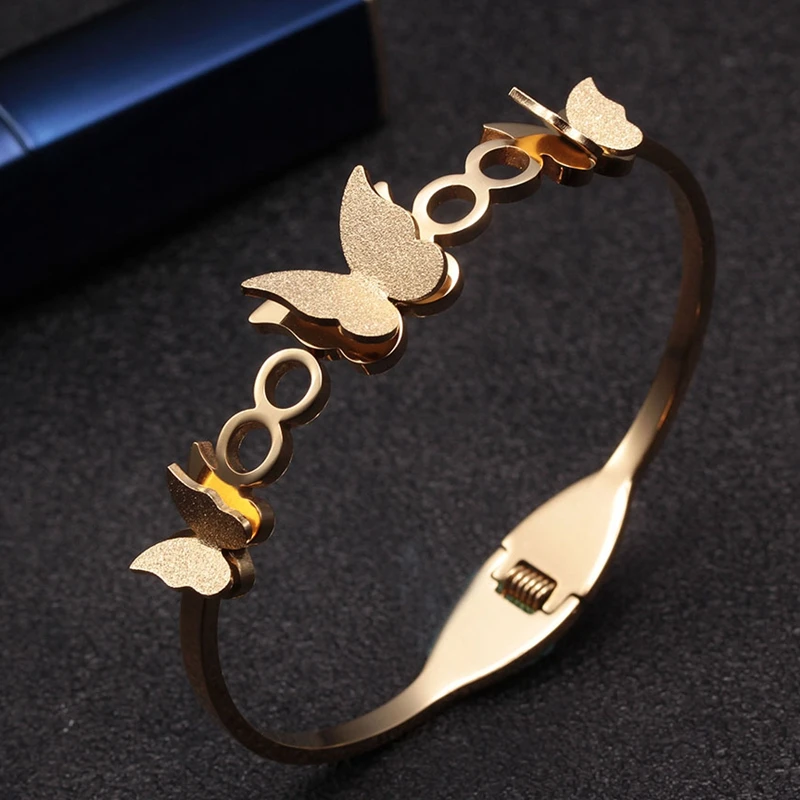 

Luxury Charm Matte Butterfly Hollow Cuff Bangles Stainless Steel OL Women Girls Wedding Party Bracelets Jewelry Gifts