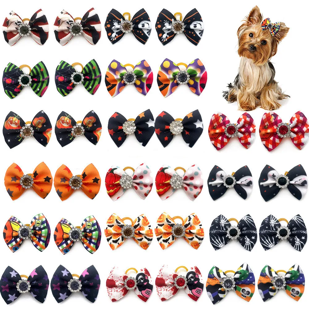 10pcs New Halloween Style Hair Bows with Rubber Bands Colorful Puppy Dog Hair Bows for Small Dog Grooming Accessories ibows new 3 inch jelly bows hairbows hairpins hair accessories waterproof hairgrips for dance party hair clip swimming pool bows