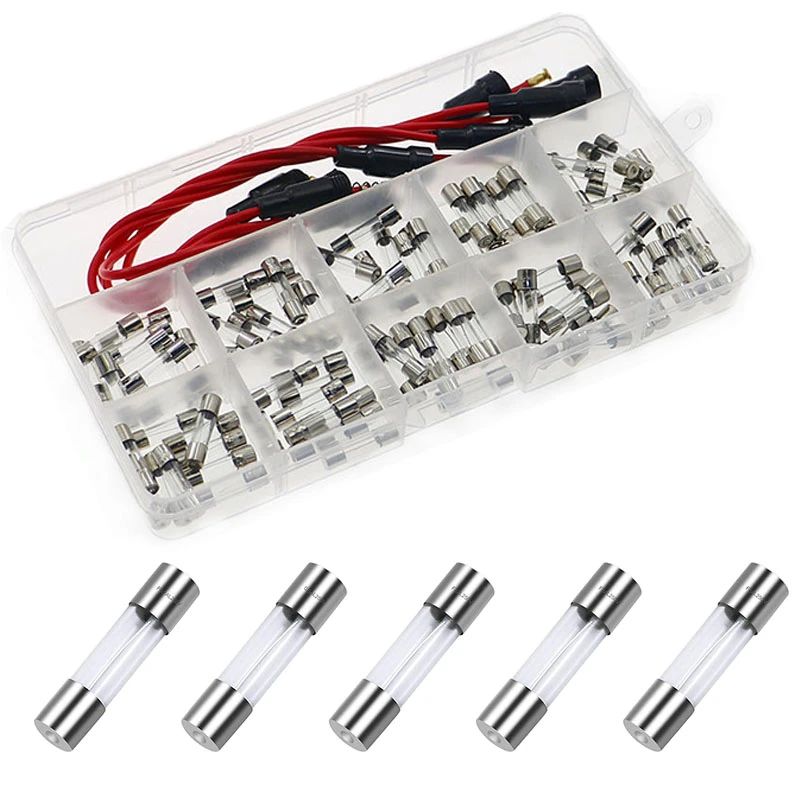 100pcs 10Values Fast-Blow Glass tube Fuse Assortment Kit 5&times;20mm 250V 0.2A-20A with 5 Pieces Fuse Holder Wire