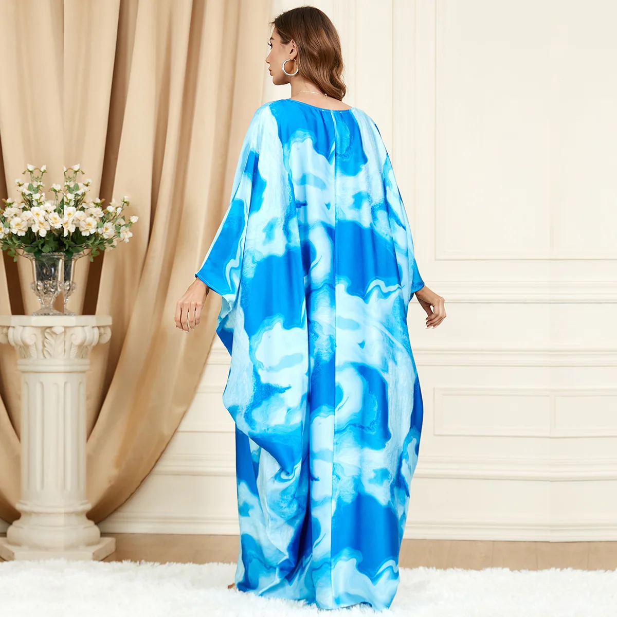 Abayas for Women New Boho Retro Tie Dye Printed Casual Loose Bat Sleeve O-Neck Islamic Long Dress Jalabiyat Ramadan 2024 Dress