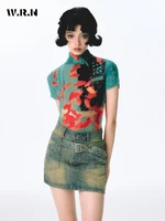 Women Bodycon T-Shirts Short Sleeve Tie Dye Tees Stretch Crop Tops Goblin Core 2000s Coquette Gyaru Aesthetic Kpop Kawaii Summe - Image 4