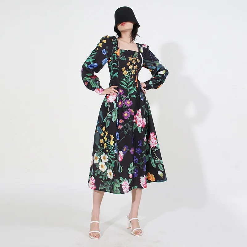 

Elegant Printing Women's Dresses 2023 Square Neck Long Sleeve Mid Waist Studded Embroidery Mid Length Dress For Women Vestidos