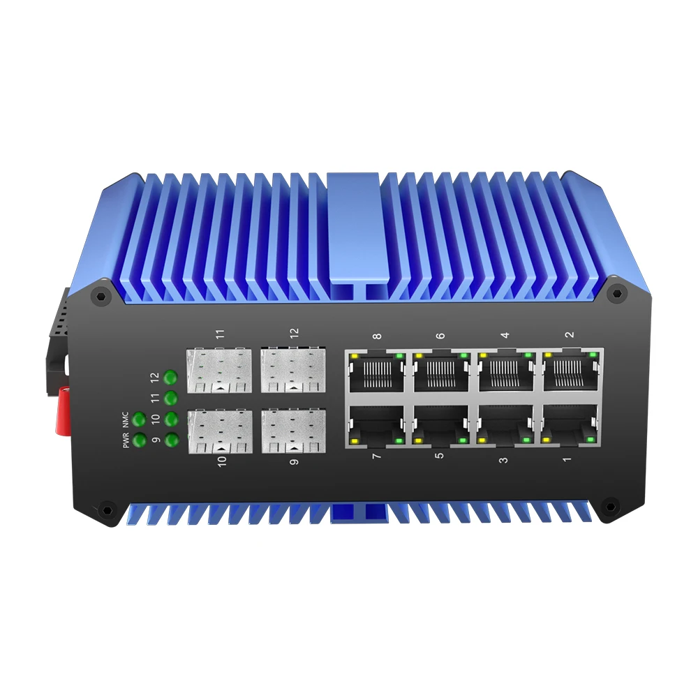 Bullscom 산업용 8포트 기가비트 PoE+ 스위치 | 240W 예산 | 4개의 SFP | 관리됨 | DIN 레일 | IP50을 한국어로 번역하세요. | -40 ° C에서 75까지 °