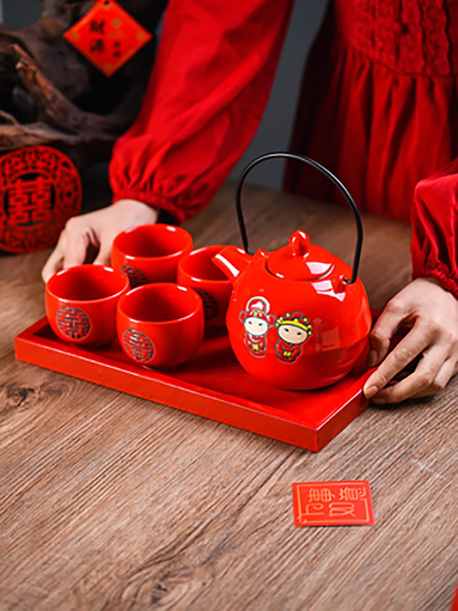 Traditional Wedding Decoration Red Tea Set for Adults, Chinese Kung Fu Teapot, Teacups, Tea Service, Teaware with Handle, Chin
