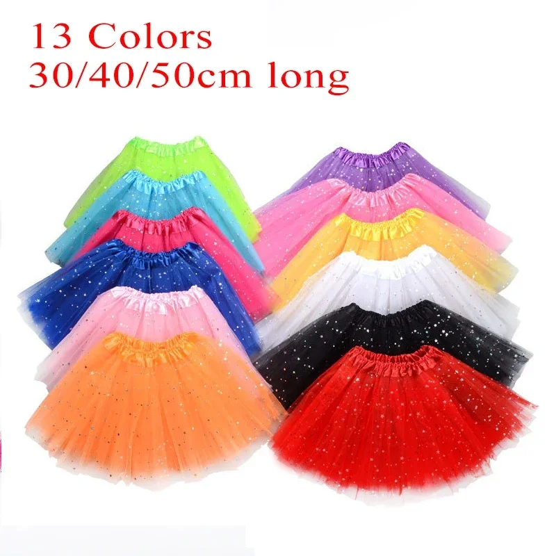 

Girls Short Tutu Skirt Elastic Waist Sequines Solid Tulle Fluffy Dance Party Ballet Perform Festival Adult Skirt 30cm/40cm/50cm