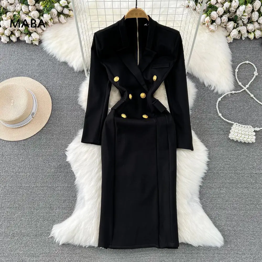 

Fashion Office Lady Black Bodycon Long Dress Women Autumn Long Sleeve Notched Neck Double Breasted Slim Elegant Bag Hip Dress