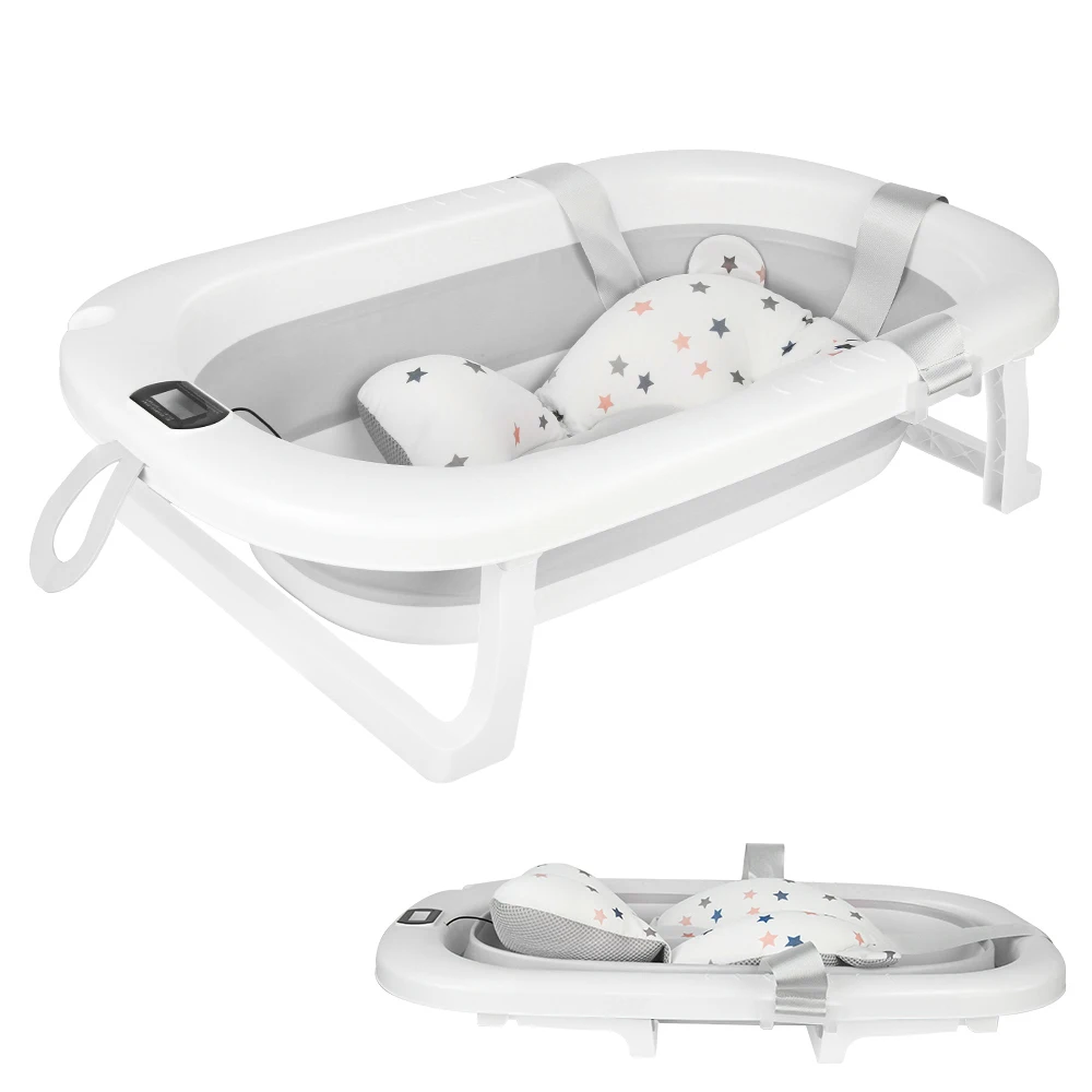 Foldable Baby Bathtub With Bath Mat, Baby Bathtub With Integrated Thermometer, Portable Baby Bathtub For Babies From 0-36 Months
