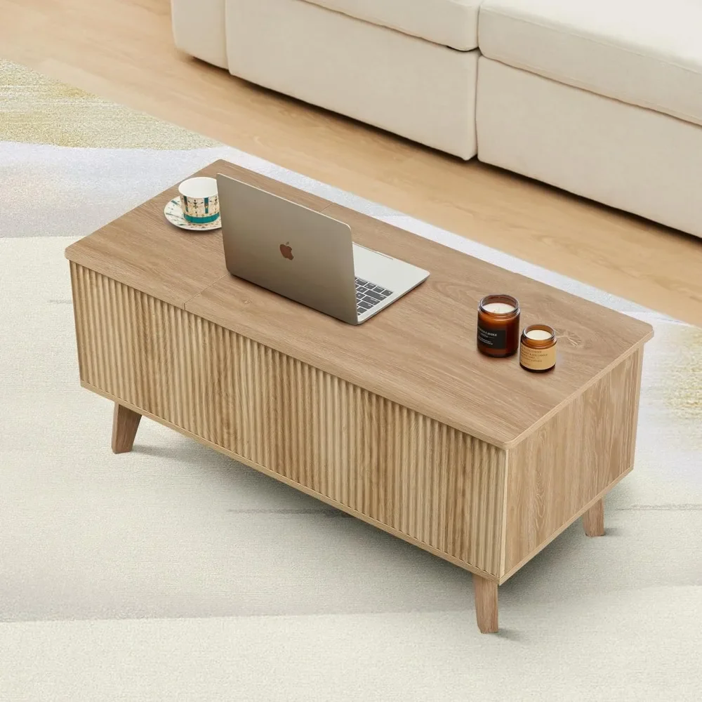 Wooden Fluted Lift Top Coffee Table with Hidden Compartment, Modern Rectangle Center Tables with Adjustable Storage Shelf, Lift 3