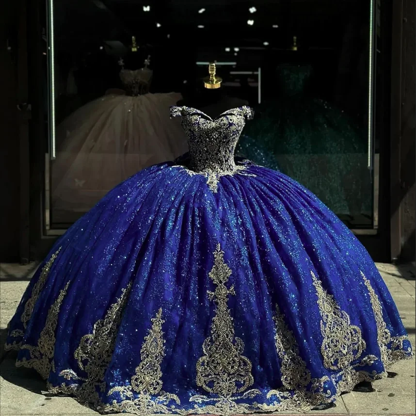 ANGELSBRIDEP Royal Blue Princess Dresses Prom Ball Gown Appliqued Vestido De Quinceanera Gold 15 Masquerade Dress Customized