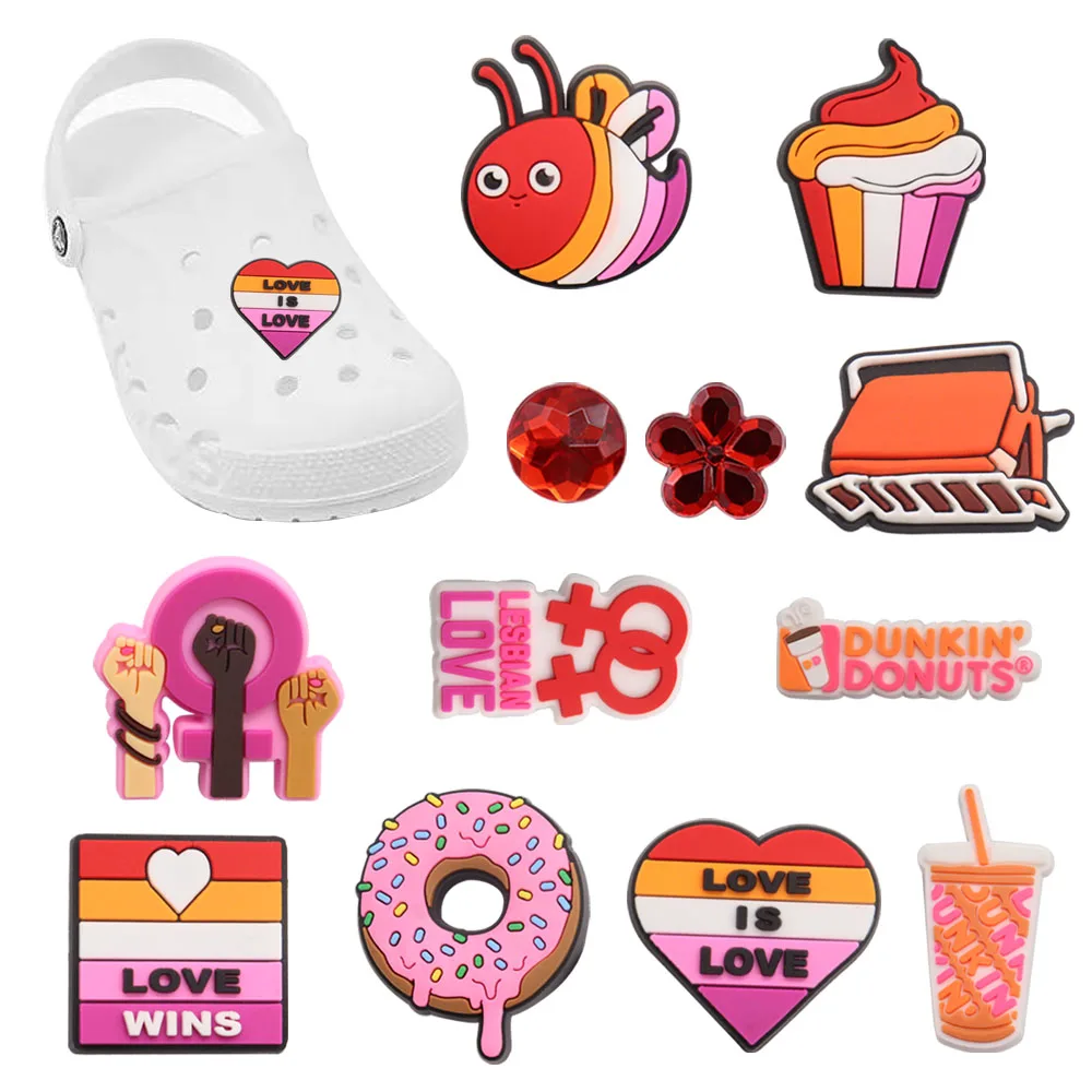 

Mix 50pcs Donut Heart Flower Cake Lesbian Love Wins Shoe Charms Accessories PVC Girl Sandals Shoe Buckle Fit Wristband Croc Jibz