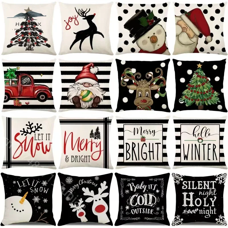 

Christmas Santa Element Pillow Case Black White Series Cushion Cover Snowman Reindeer Throw Pillowcases Home Hotel Xmas Decor