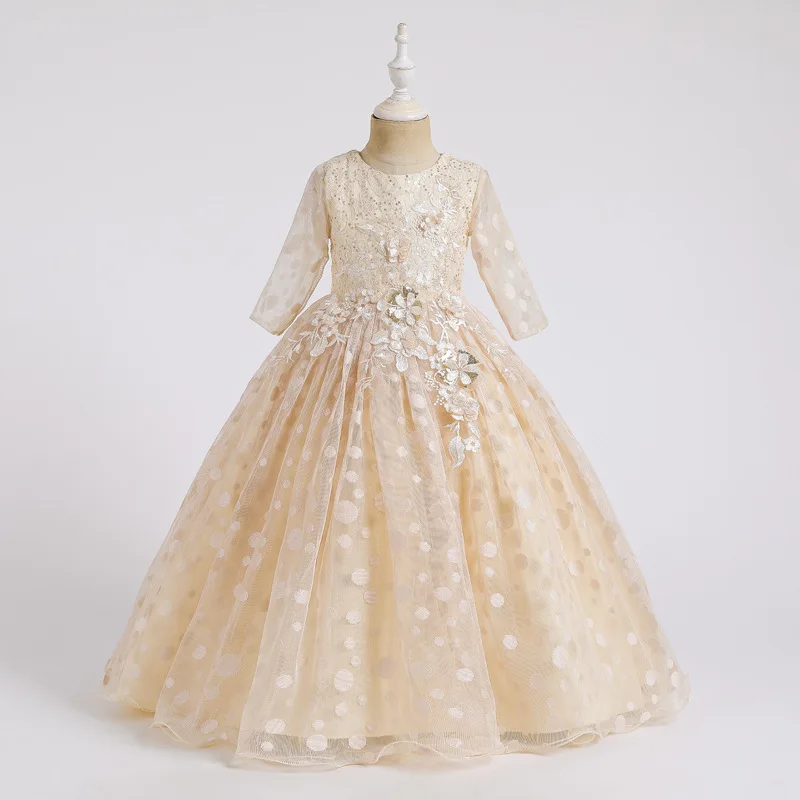 

Long Sleeves Lace Dots Pageant Princess Champagne Floor Length Flower Dress Kids Prom Puffy Ball Gowns