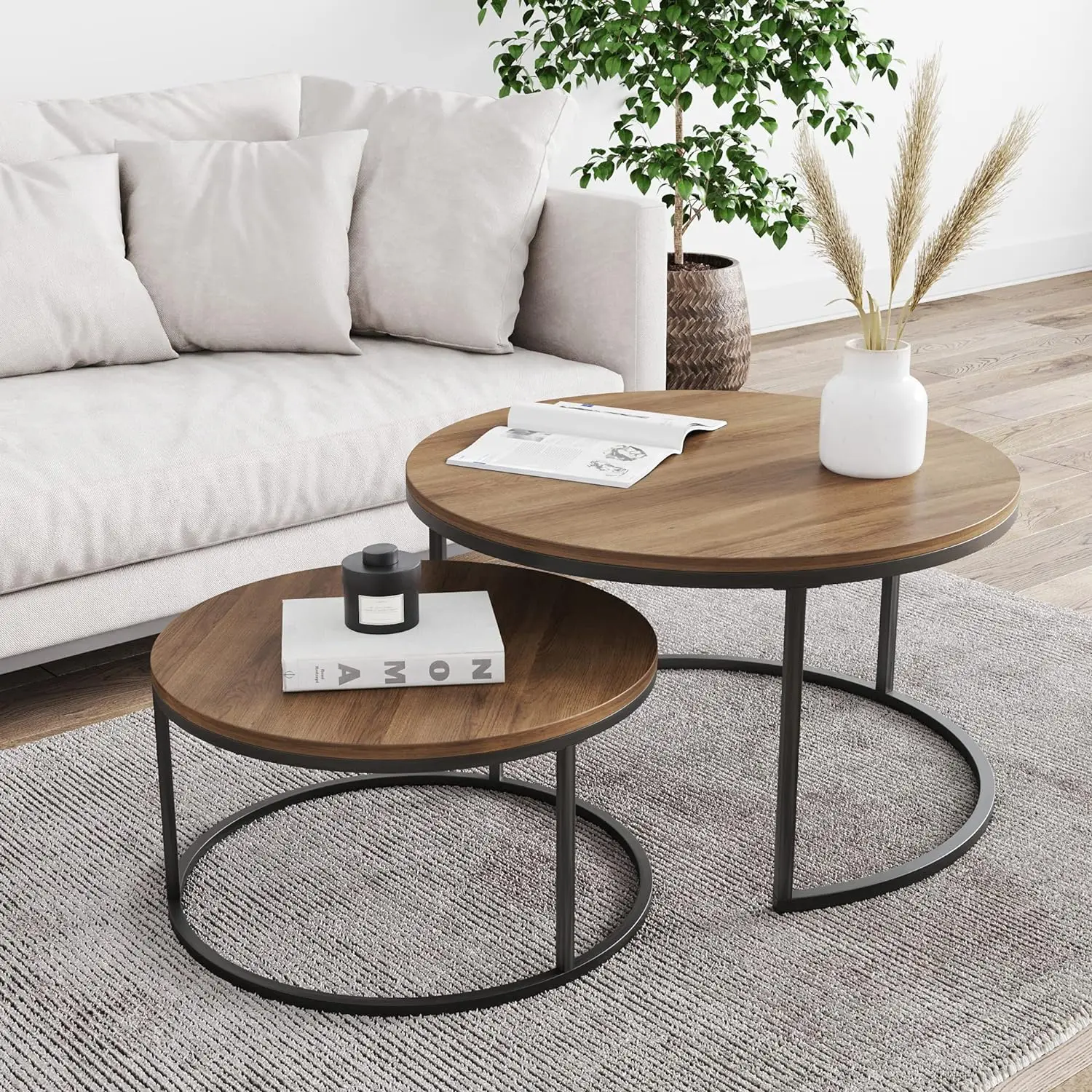 

Round Modern Nesting Coffee Set of 2, Stacking Living Room Accent Tables w/ Wood Finish & Metal Frame, Reclaimed Oak/Gunmetal